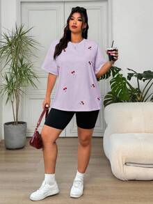 Solflare Plus Size Cherry Embroidery Casual Short Sleeve T-Shirt, Lavender, Summer Tops - Mauve Purple - View 5