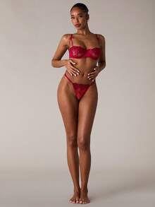 SHEIN BAE 2件紫色浪漫花卉刺绣性感内衣套装女士 - 酒紅色 - 查看 3