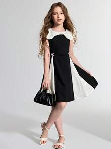 Maija Kids Maija Kids Vestido Casual Fofo de Gola Peter Pan Sem Mangas com Contraste Preto e Branco Jacquard para Meninas Pré-Adolescentes - Preto e Branco - Visão 5