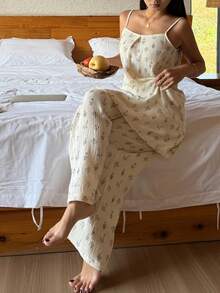 DAZY 花卉雪纺长款吊带背心和宽松睡裤女士睡衣套装