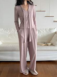 DAZY Relaxed Minimalist Knit Drawstring Collar Women Pajama Set - Purple - View 6