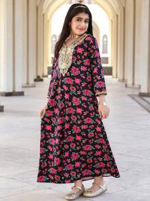 Đầm Abaya dài tay cổ chữ V họa tiết hoa, dáng rộng, tối giản, thoải mái cho bé gái tuổi teen. - Nhiều màu - Xem 3