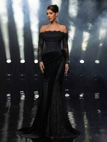 Glamrae 优雅奢华蕾丝拼接韩式天鹅绒手工仿珍珠露肩长袖薄纱褶皱鱼尾下摆长款正式晚礼服，情人节 - 黑色 - 查看 6