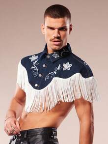 FeverCity Men's Sleeveless Shirt, Casual Style, New Fashionable Collared Half Sleeve Rodeo Shirt Men Cowboy Shirt Men Mens Western Tops Mens Fringe Western Men Clothes Mens Fringe Top - Blue - View 3