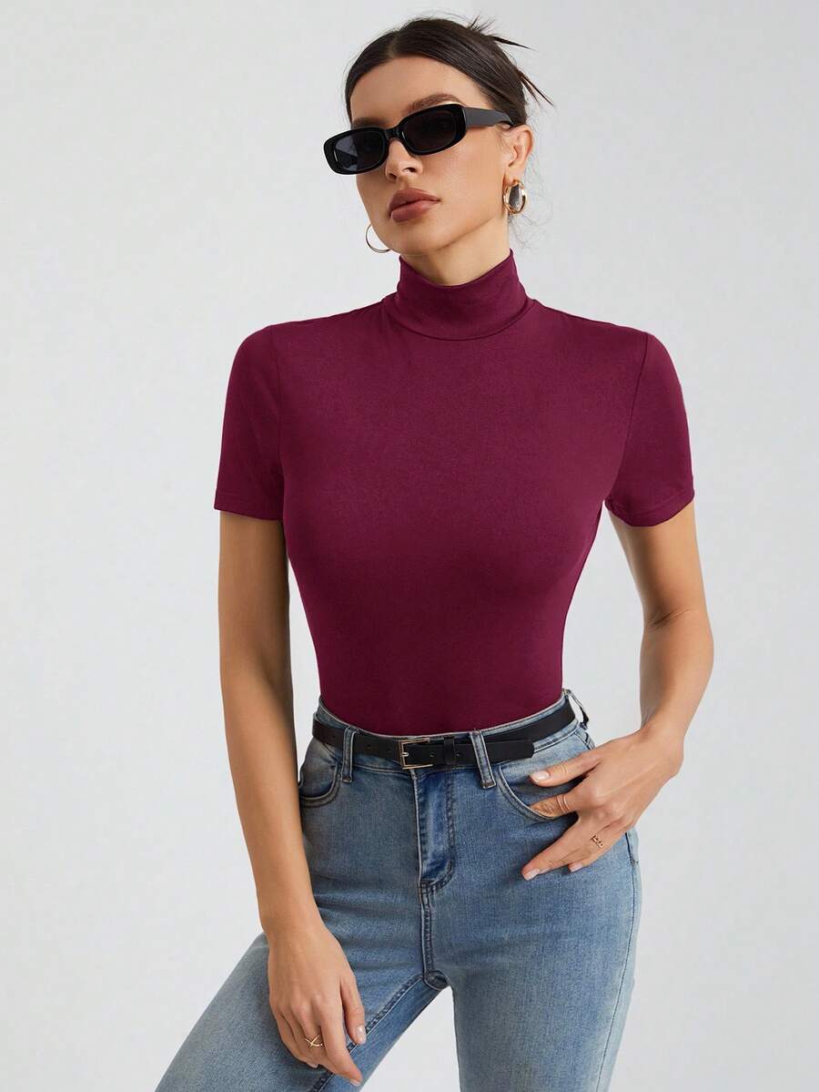 SHEIN Tall Áo thun nữ cổ cao tay ngắn màu đen trơn cơ bản - Màu đỏ tím - Xem 1
