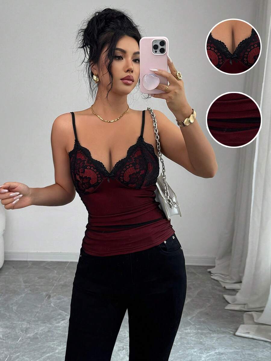 SHEIN Elenzya 蕾丝网纱拼接褶皱修身蝴蝶结吊带背心,优雅派对上衣 - 彩色 - 查看 1