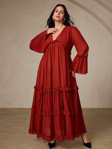 Aveloria Rosie Vintage rot-braunes Chiffon V-Ausschnitt Rüschenärmel Kleid, rot-braunes Chiffon 3-lagiges Rüschen-Saum V-Ausschnitt Rüschen-Design Kleid, elegant & anspruchsvoll, geeignet für Arbeit oder formelle Anlässe, schmeichelhaftes Kleid in Große Größen - Rot - Übersicht 6