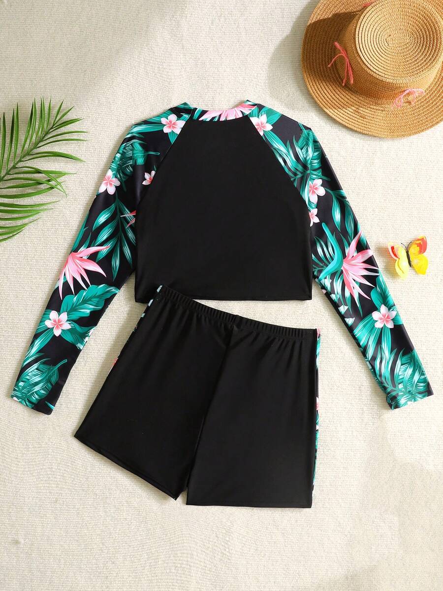SHEIN Teen Girl Black Raglan Sleeve Tropical Plant Print Top & Shorts Swimwear Set, Long Sleeve Shorts Rash Guard - Black - View 1