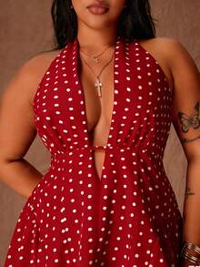 Rustia Gaun Mini A-Line Seksi Bermotif Polkadot Model Halter Tie untuk Wanita Ukuran Plus - Merah - View 4