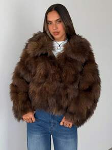 Aloruh Faux Fur Short Jacket, Fashionable Winter Solid Color - Brown - View 3
