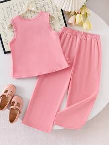 2 Peças Conjunto de Regata com Babado na Barra e Calça Reta em Malha Rosa para Meninas Jovens, Conjunto Elegante, Doce e Casual de Verão para Meninas - Rosa chiclete - Visão 2