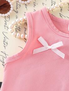 2 Peças Conjunto de Regata com Babado na Barra e Calça Reta em Malha Rosa para Meninas Jovens, Conjunto Elegante, Doce e Casual de Verão para Meninas - Rosa chiclete - Visão 8