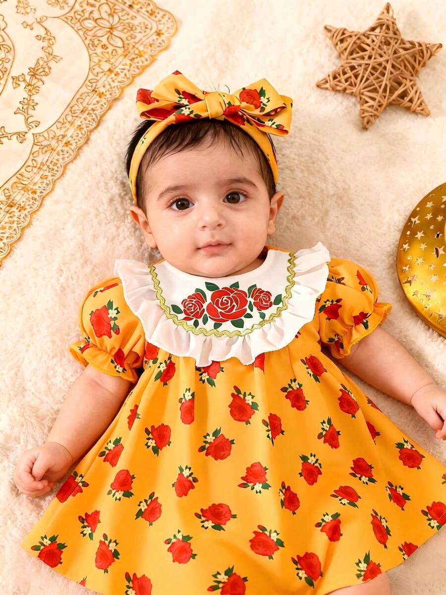 SHEIN Đầm ngắn tay bồng màu cam in họa tiết hoa hồng phối ren trắng cho bé gái sơ sinh, kiểu dáng mùa hè mới, thích hợp cho tiệc tùng, họp mặt, dạ hội và mặc hàng ngày. - Màu vàng - Xem 1