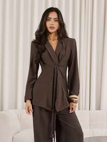 Modelyn Women's Fashion Distressed Pleated Collar Blazer Brown Blazer Women Suit Jacket For Women - Coffee Brown - View 8