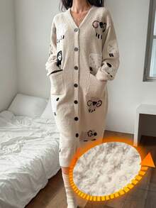 DAZY Women's Cozy Fleece Sheep Pattern Robe, Casual Loungewear For Autumn/Winter - Apricot - View 1