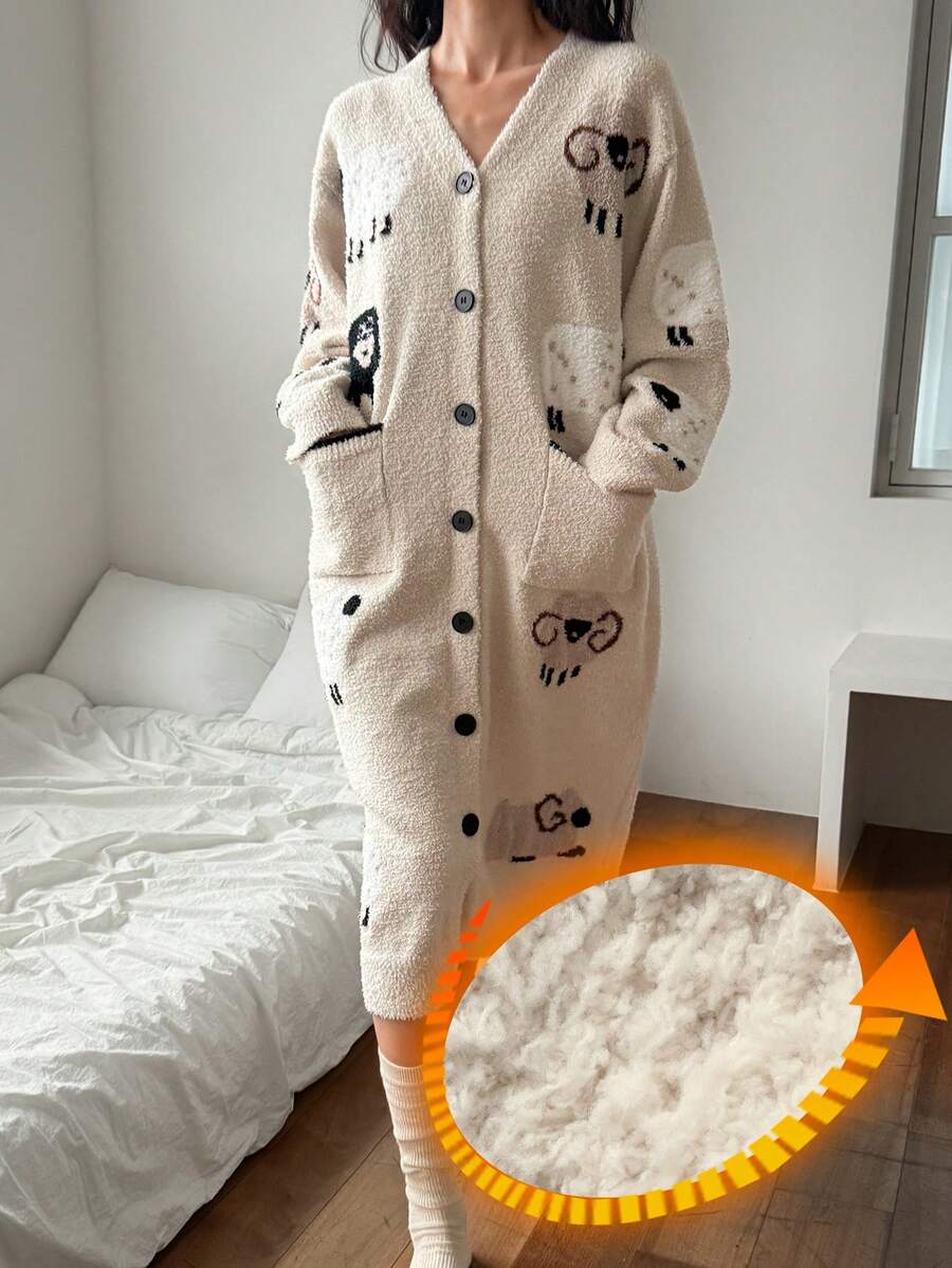 DAZY Women's Cozy Fleece Sheep Pattern Robe, Casual Loungewear For Autumn/Winter - Apricot - View 1