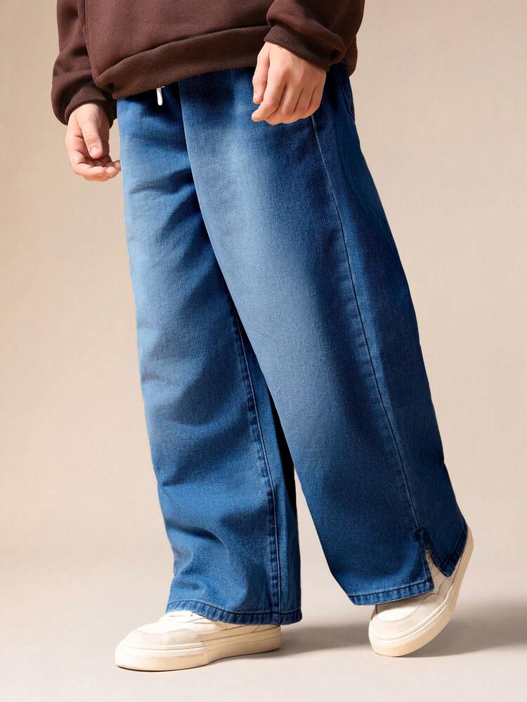 Pull On Wide Leg Jeans With Split Hem