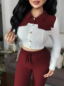 Vavine 女士休闲撞色短款衬衫和裤子两件套 - 酒紅色 - 查看 3