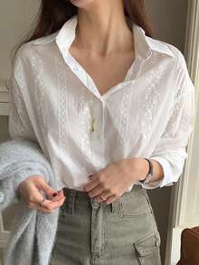 DAZY Lightweight Jacquard Long Sleeve Casual Blouse For Women, Spring - White - View 7