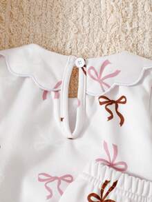两件套女婴可爱蝴蝶结印花长袖套装，荷叶边领，宽松版型，居家及户外舒适休闲装 - 淡紫色 - 查看 7