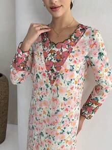 Yasmyna 女士春季度假风全身印花撞色包边扇形边阿拉伯连衣裙 - 粉色 - 查看 7