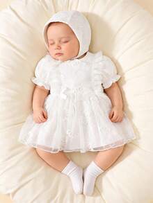 女婴白色公主裙，短袖蕾丝薄纱连衣裙，配蝴蝶结发带套装 - 白色 - 查看 9
