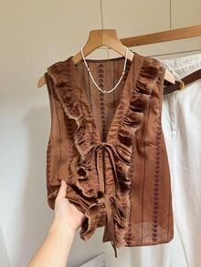 SHEIN Frenchy 女士植物刺绣拼接荷叶边下摆前系带无袖衬衫 - 棕色 - 查看 1