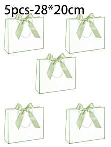 1/5pcs-Landscape-Style Kraft Paper Gift Bags, Shopping Bags, Packaging Bags With Handles, Bow-Decorated Handbags, Trick Or Treat, Halloween, White Large-Capacity Paper Bags, Halloween, Thanksgiving, Christmas, New Year, Wedding, Birthday Gift Packaging Bags - Light green - View 9
