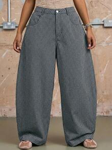 COUREZ 男女通用低腰宽松筒状格纹棉质长裤 - 藏蓝色 - 查看 3