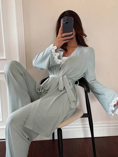 Dream Adore 3pcs Women's Sleepwear Set: Solid Color Lace Patchwork Slim Fit Camisole Pants & Long Sleeve Jacket, French Riviera Style Sage Green Pajama Set