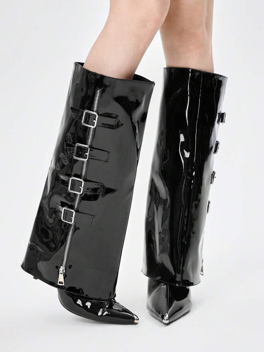 ROMWE Grunge Punk Women's Fashion Commuter Buckle Pointed Toe Knee-High Boots Valentine's Day - Black - View 1