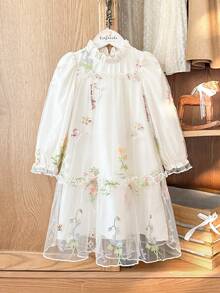 SHEIN Vintaside Kids 女童优雅公主风荷叶边领泡泡袖提花刺绣双层荷叶边下摆宽松公主裙，适合度假、旅行、派对、送礼、春秋季穿着。 - 彩色 - 查看 4