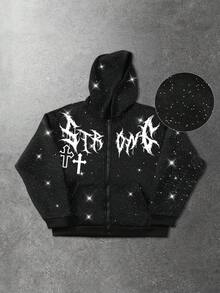 ROMWE MEN 男士字母十字印花长袖拉链领口袋亮面连帽卫衣 - 黑色 - 查看 6