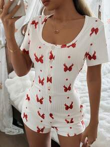 CottageSlumber Women's Ribbed Bow Print Short Sleeve Jumpsuit Pajamas - Apricot - View 1