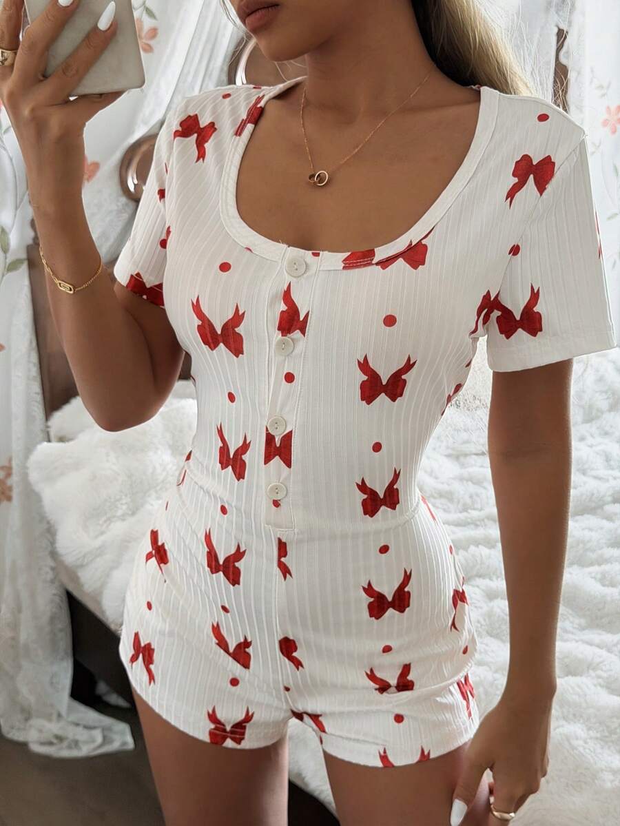 CottageSlumber Women's Ribbed Bow Print Short Sleeve Jumpsuit Pajamas - Apricot - View 1