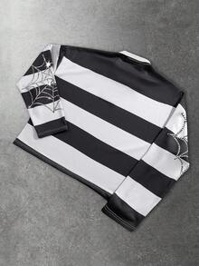 ROMWE MEN Street Life Men's Retro Virgin Mary Striped English Graphic Print Streetwear American Style Pullover Pullover Sweatshirt