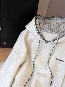 INAWLY 大码休闲格子拼接卫衣，秋冬款 - 灰色 - 查看 6