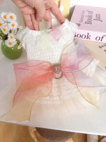 PETSIN 1 件猫狗服装，宠物公主蓬蓬裙，带彩虹蝴蝶结 - 蕾丝薄纱裙，适合小型犬和猫 - 米色 - 查看 4