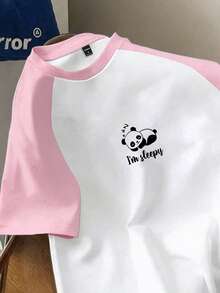 SHEIN Essnce 可爱熊猫印花，休闲简约熊猫图案圆领短袖修身T恤，女士款，略微透视夏季款 - 粉色 - 查看 5