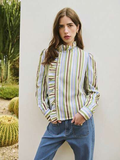 Nöista 条纹衬衫，竖条纹，纽扣前襟，荷叶边细节，高领，长袖带袖口，适合办公室穿着，春夏皆宜，生日装扮。