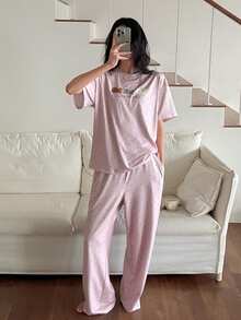 DAZY 2pcs Women Dog Print Polka Dot Loose Short Sleeve Pajama Set - Pink - View 6