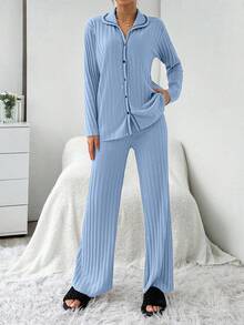 EURMUSE 2pcs Set: Contrast Stitching Ribbed Long Sleeve Top And Pants Pajama Set - Blue - View 3