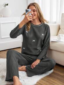EURMUSE Women Cotton Bows Detail Long Sleeve Shirt&Pants Homewear Lounge Pajama Set - Grey - View 5