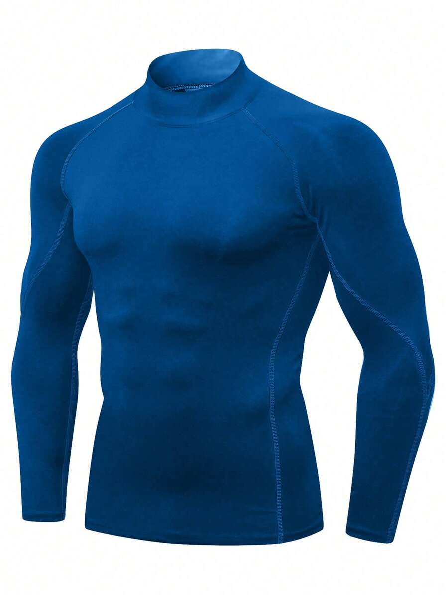 Coreblaze Camiseta deportiva de compresión para hombres con cuello alto y mangas raglán de unicolor - Azul - Ver 1