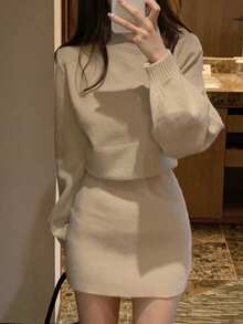 DAZY 秋冬法式性感斜肩修身长袖紧身针织连衣裙 - 卡其色 - 查看 5