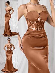 Coutiva 女士纯色亮片褶皱鱼尾修身优雅正式晚礼服（装饰款） - 咖啡棕 - 查看 1