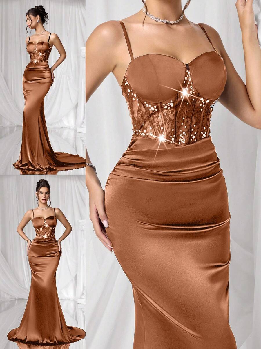 Coutiva 女士纯色亮片褶皱鱼尾修身优雅正式晚礼服（装饰款） - 咖啡棕 - 查看 1