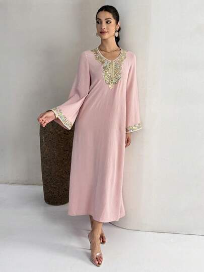 Yasmyna Women's Floral Embroidery Pattern Casual Loose Party & Travel Arabic Style Flare Sleeve Dress