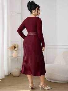 Modelyn Plus Size Elegant Commuter Solid Color Tie Waist Knit Dress - Burgundy - View 3