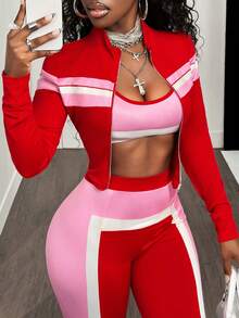 BamGleam Bộ 2 áo crop top kẻ sọc in kỹ thuật số màu đỏ, hồng và trắng có khóa kéo và quần ôm vừa vặn, phong cách thể thao và thường ngày - Nhiều màu - Xem 1